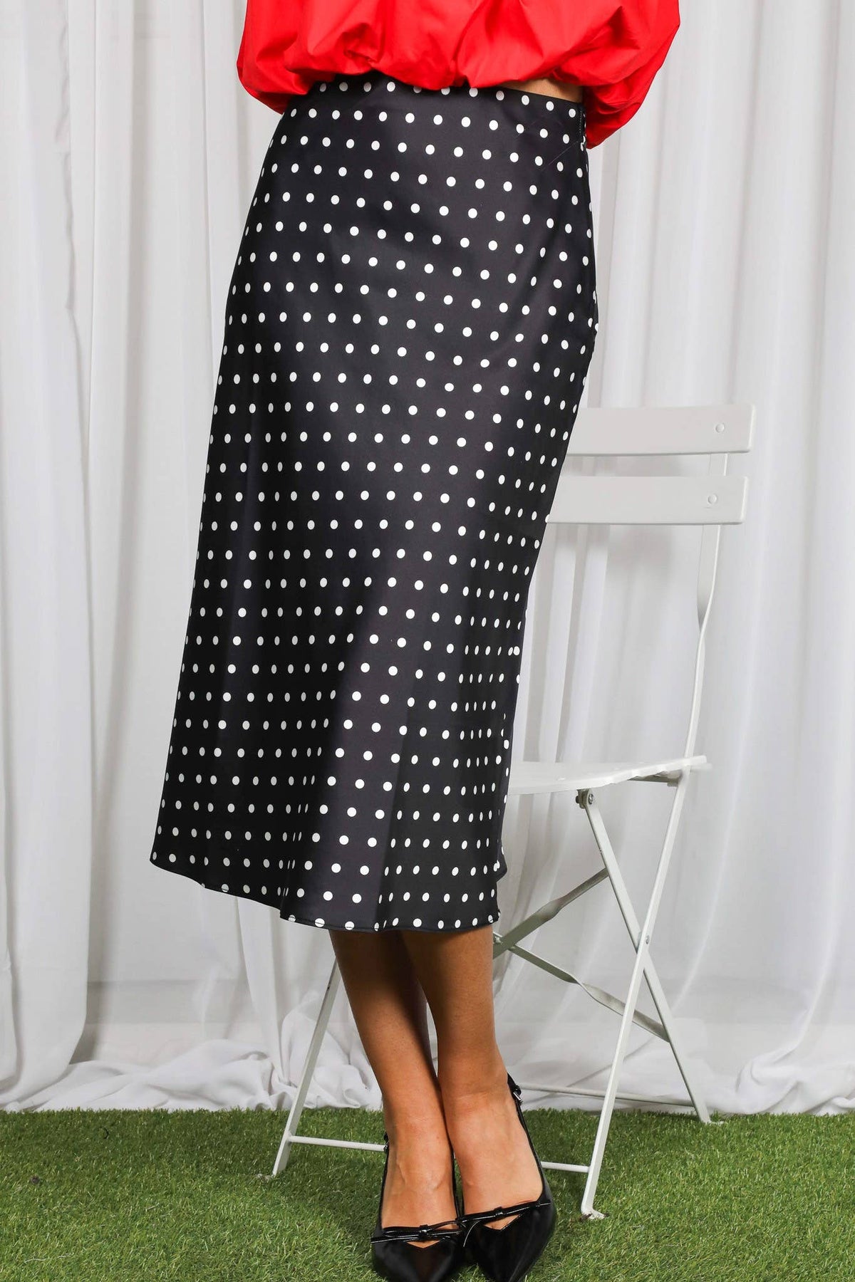 Black and White Polka Dot Print Bias Cut Satin Midi Skirt | Vine & Love