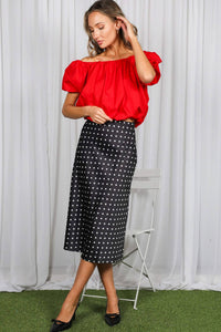 Black and White Polka Dot Print Bias Cut Satin Midi Skirt | Vine & Love