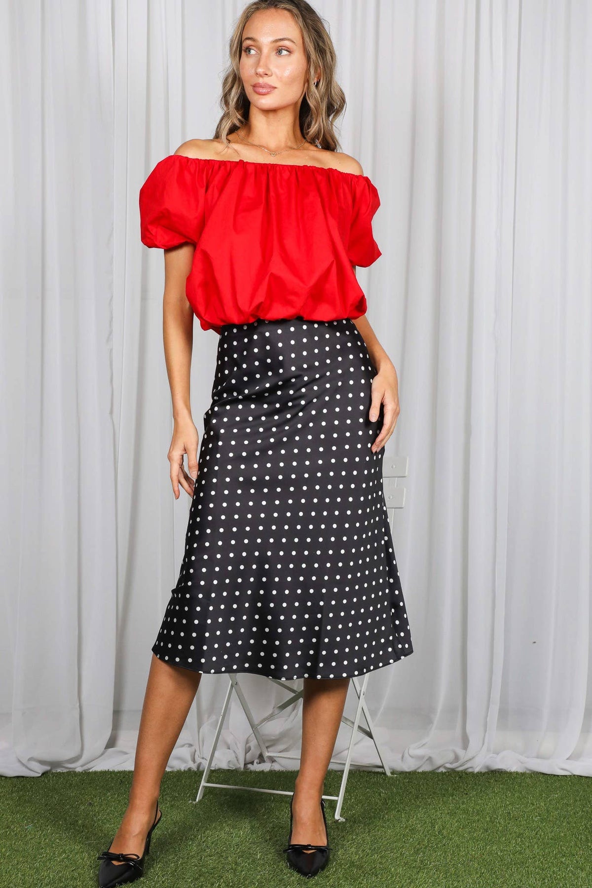 Black and White Polka Dot Print Bias Cut Satin Midi Skirt | Vine & Love