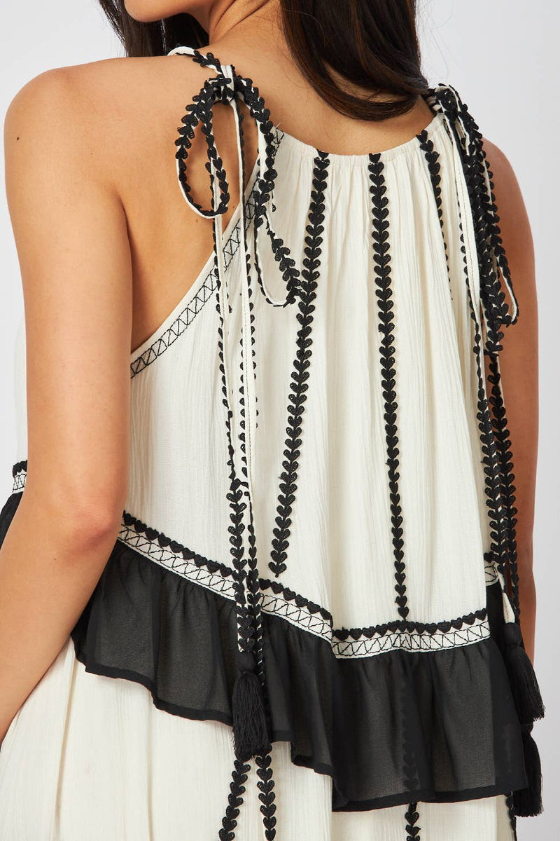 Black and White Tiered Striped Halter Color Block Maxi Dress