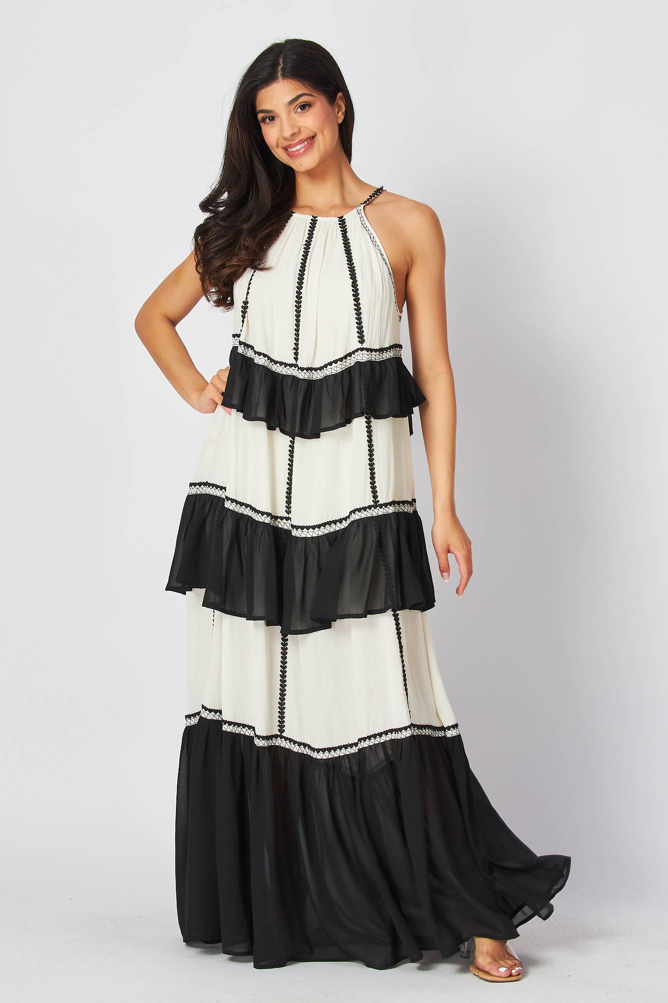 Black and White Tiered Striped Halter Color Block Maxi Dress Large Black and White Tiered Striped Halter Color Block Maxi Dress Large