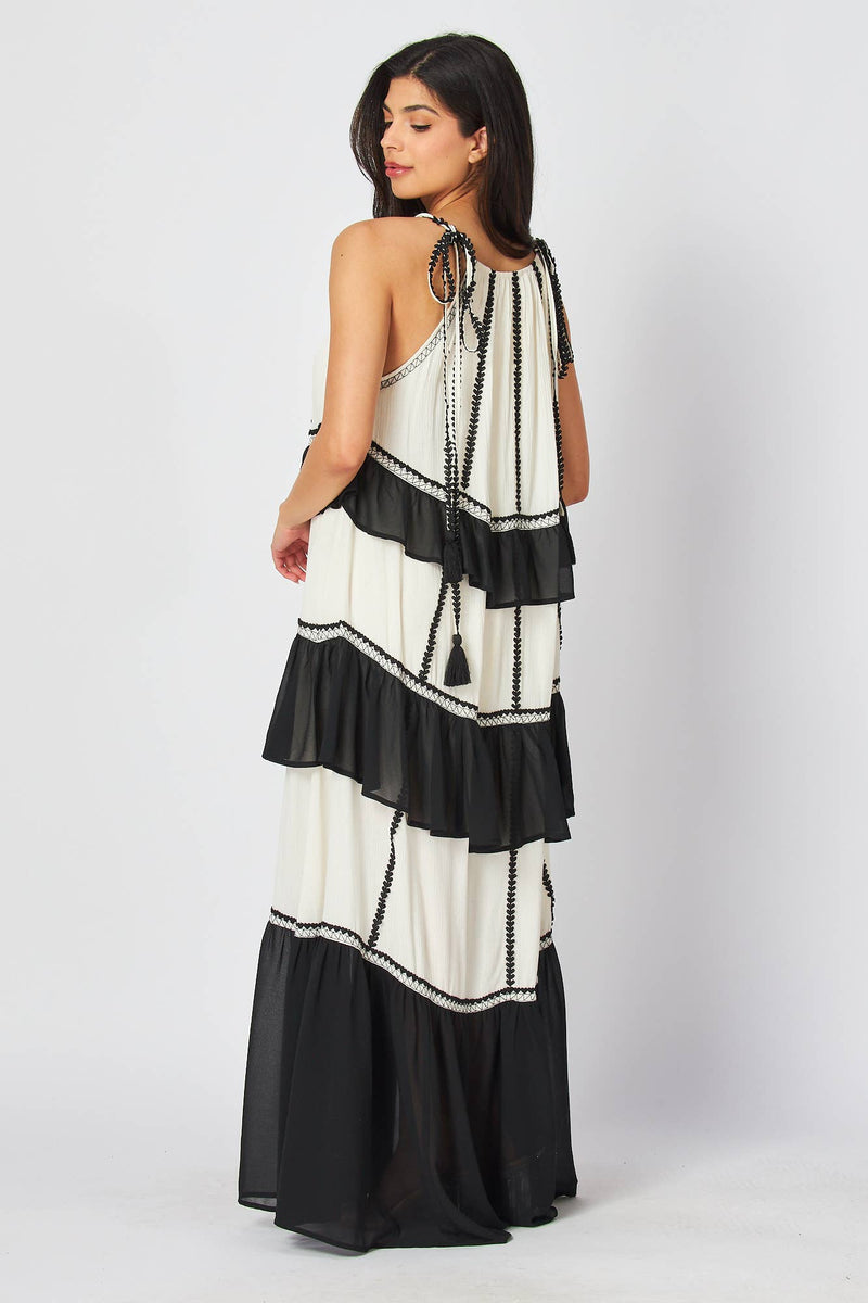Black and White Tiered Striped Halter Color Block Maxi Dress Large