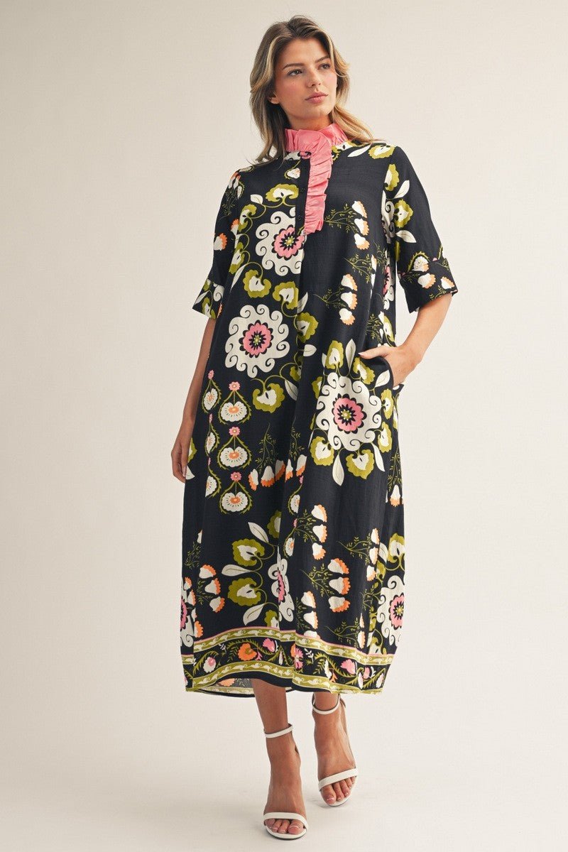 Black Boho Floral Short Sleeve Midi Dress with Pink Ruffled Collar with Pockets