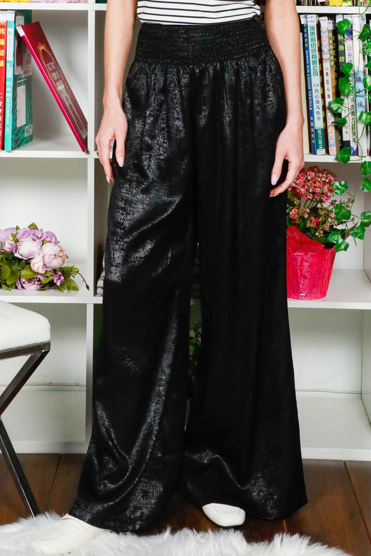 Black Elasticized Smocked Waist With Pocket Foil Pants | Vine & Love
