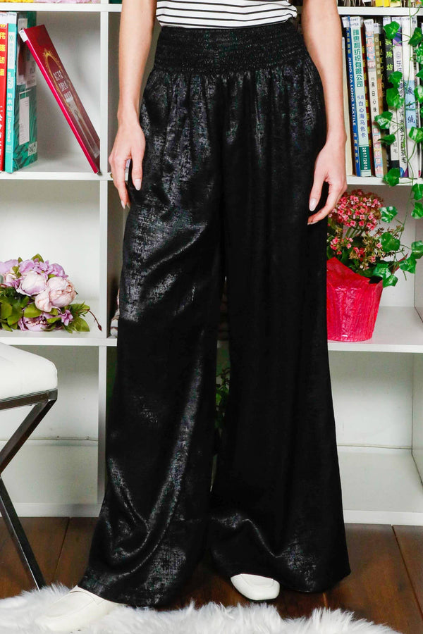 Black Elasticized Smocked Waist With Pocket Foil Pants | Vine & Love