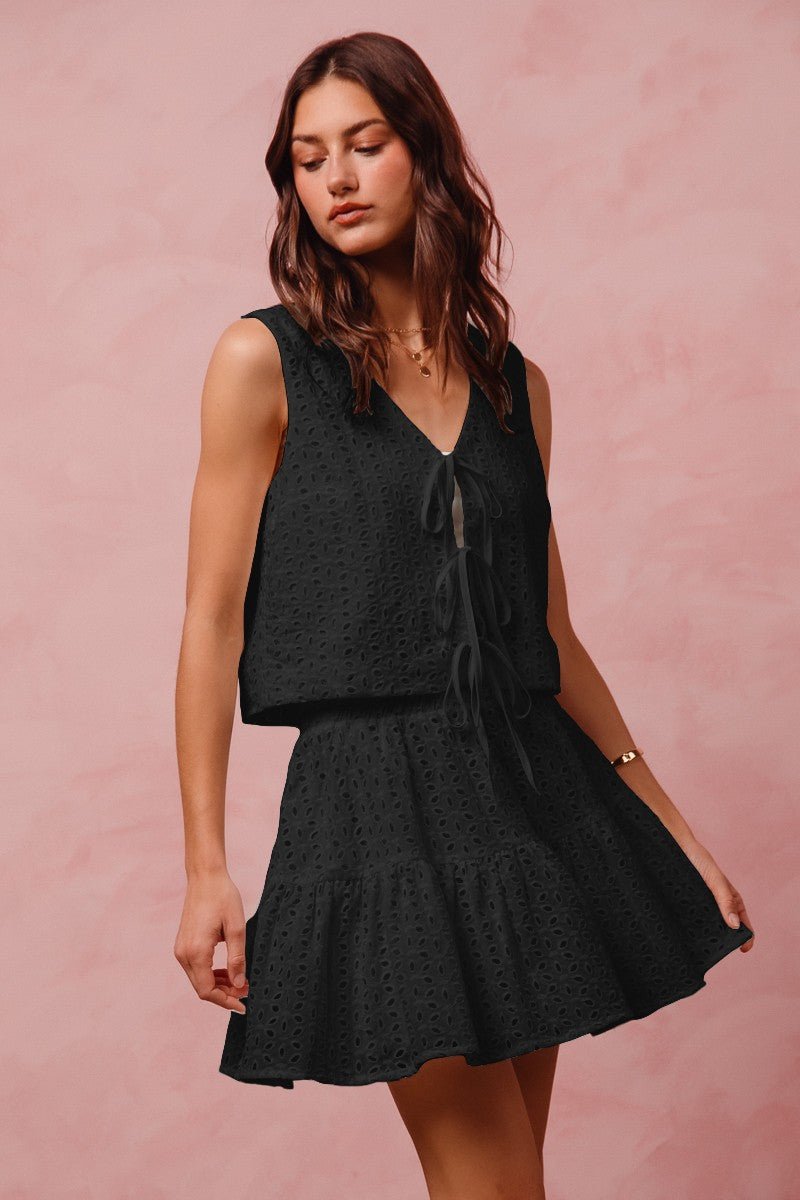 Black Eyelet Tiered Elastic Smocked Waist Mini Skirt | So Me