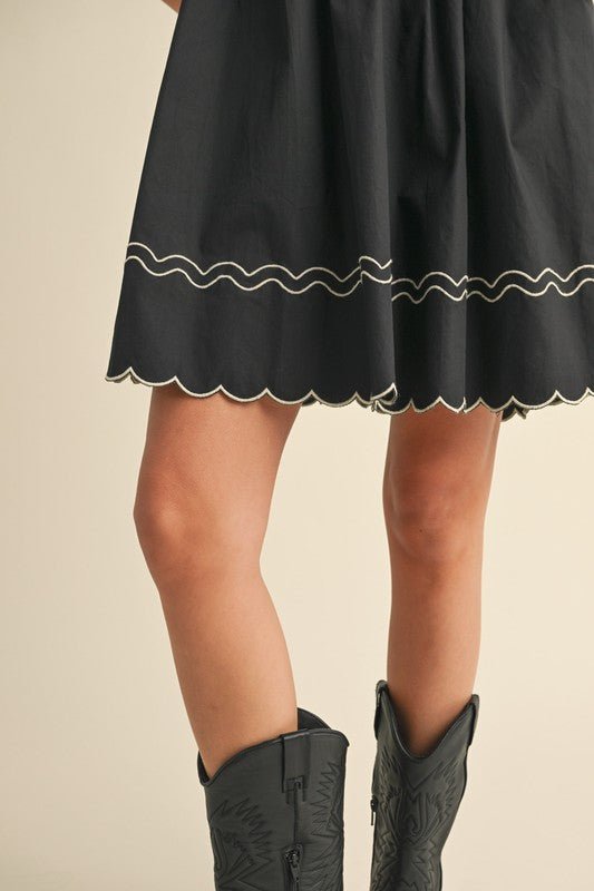 Black Floral And Scallop Embroidered Dress with Side Pockets | &merci