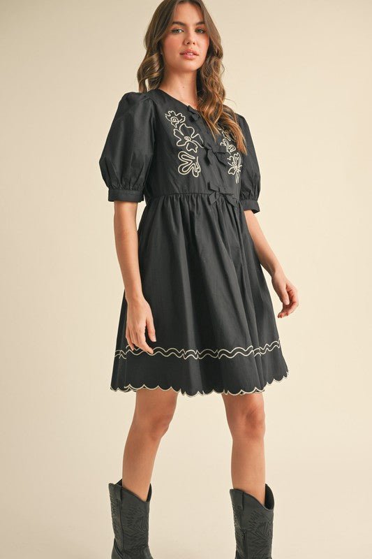 Black Floral And Scallop Embroidered Dress with Side Pockets | &merci