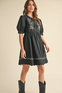 Black Floral And Scallop Embroidered Dress with Side Pockets | &merci