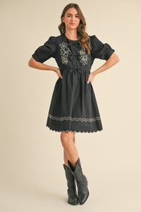 Black Floral And Scallop Embroidered Dress with Side Pockets | &merci