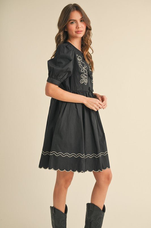 Black Floral And Scallop Embroidered Dress with Side Pockets | &merci