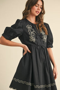 Black Floral And Scallop Embroidered Dress with Side Pockets | &merci