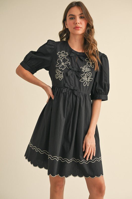 Black Floral And Scallop Embroidered Dress with Side Pockets | &merci