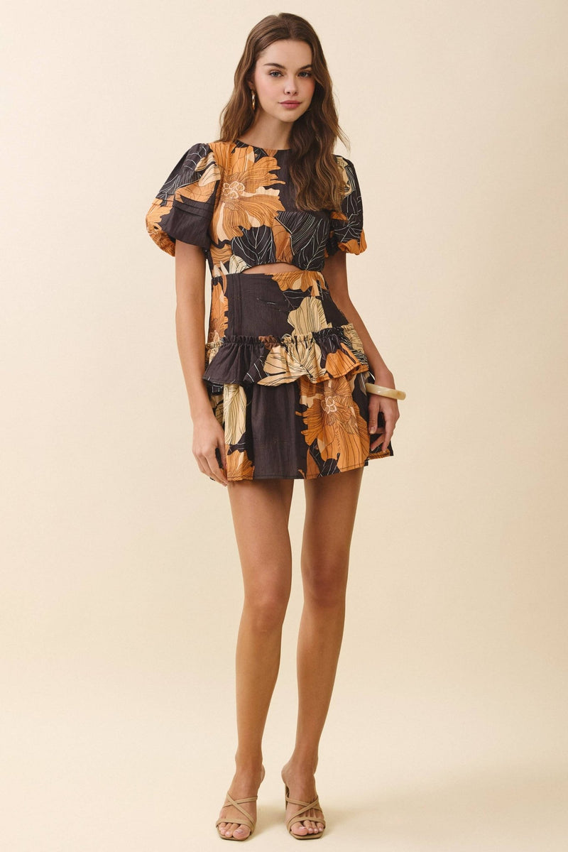 slim fit dress slacks Black Floral Print Fitted Bodice Waist Cutout Mini Dress Medium