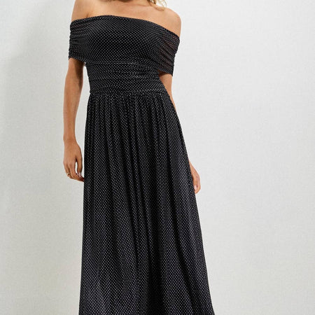Black & Ivory Polka Dot Off-Shoulder Smocked Maxi Dress Large