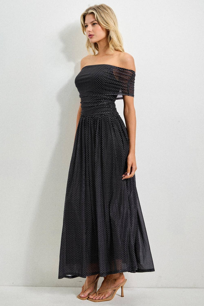 Black/Ivory Polka Dot Off the Shoulder Maxi Dress L Black/Ivory Polka Dot Off the Shoulder Maxi Dress L