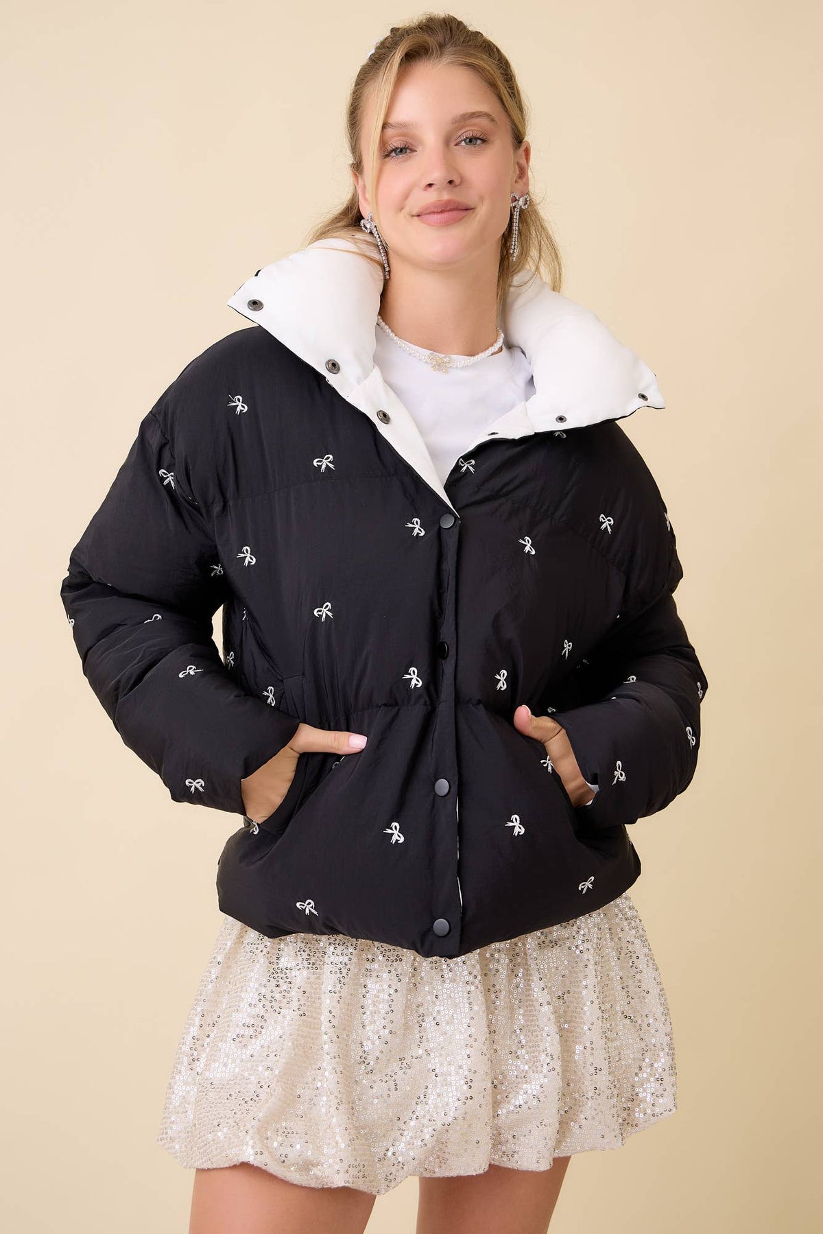 Black Ribbon Bow Embroidered Puffer Jacket | Main Strip