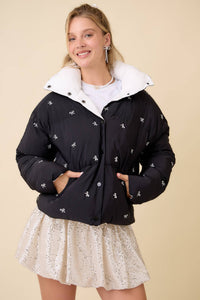 Black Ribbon Bow Embroidered Puffer Jacket | Main Strip