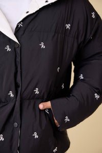 Black Ribbon Bow Embroidered Puffer Jacket | Main Strip