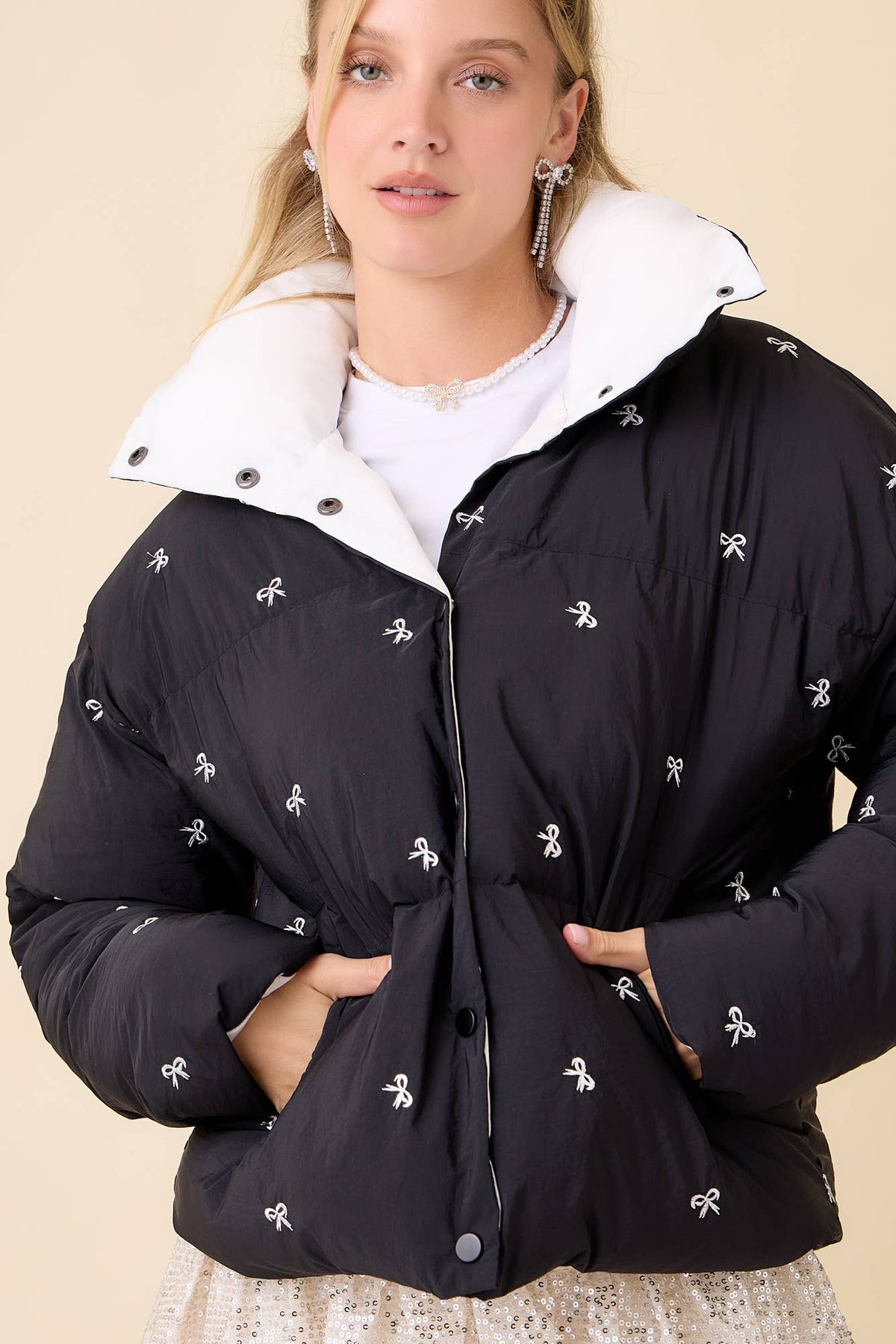 Black Ribbon Bow Embroidered Puffer Jacket | Main Strip
