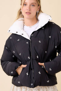 Black Ribbon Bow Embroidered Puffer Jacket | Main Strip
