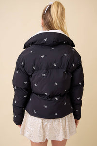 Black Ribbon Bow Embroidered Puffer Jacket | Main Strip