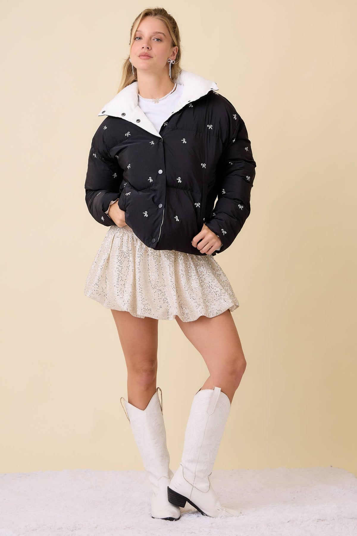 Black Ribbon Bow Embroidered Puffer Jacket | Main Strip
