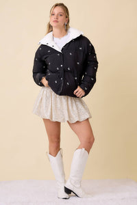 Black Ribbon Bow Embroidered Puffer Jacket | Main Strip