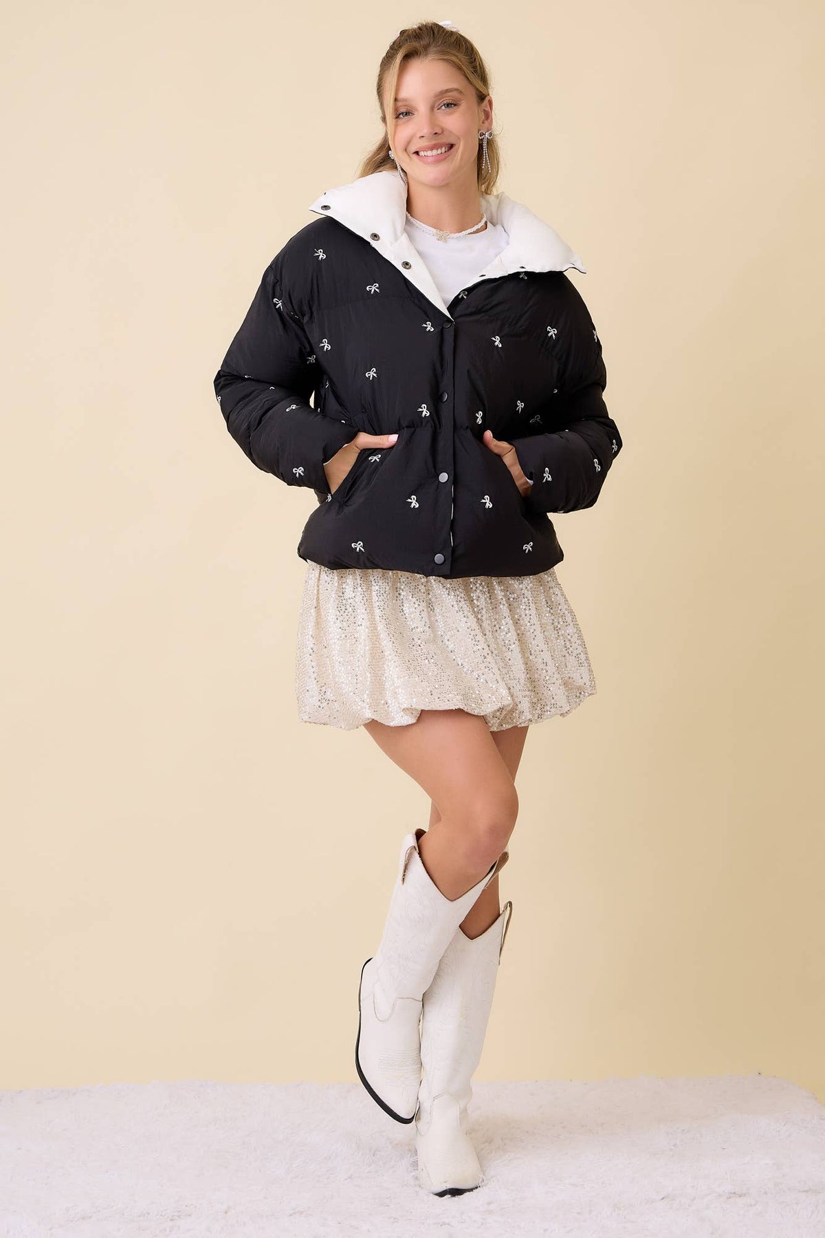 Black Ribbon Bow Embroidered Puffer Jacket | Main Strip