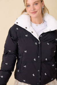 Black Ribbon Bow Embroidered Puffer Jacket | Main Strip