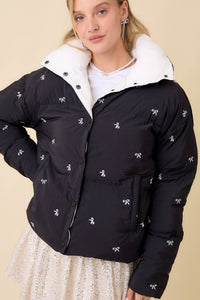Black Ribbon Bow Embroidered Puffer Jacket | Main Strip