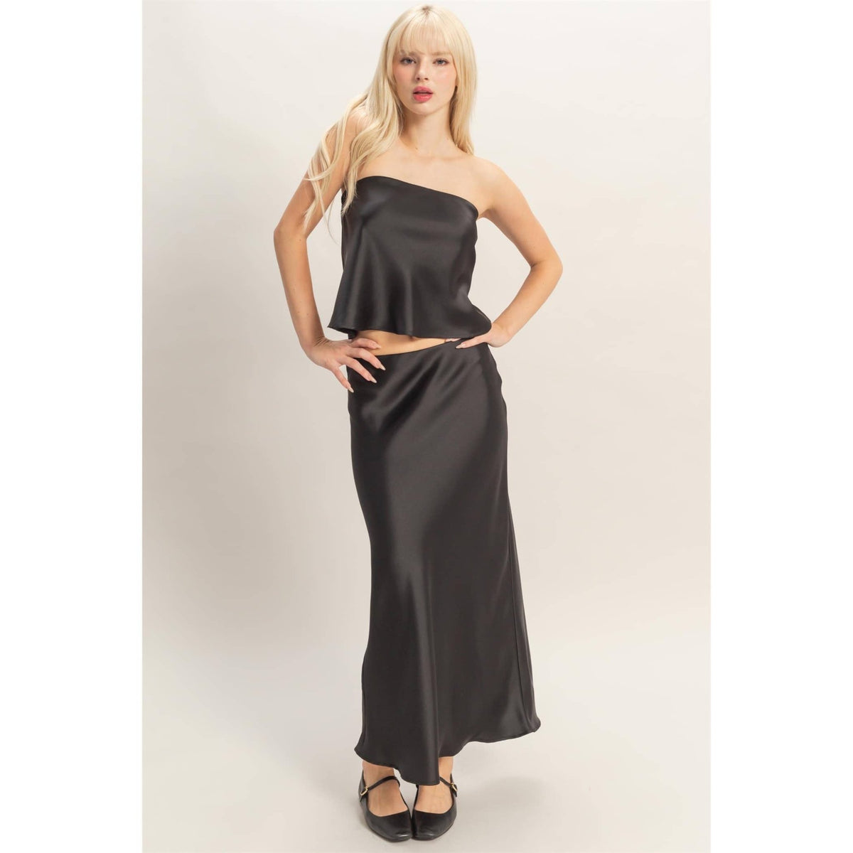 Black Satin Midi Skirt | HYFVE