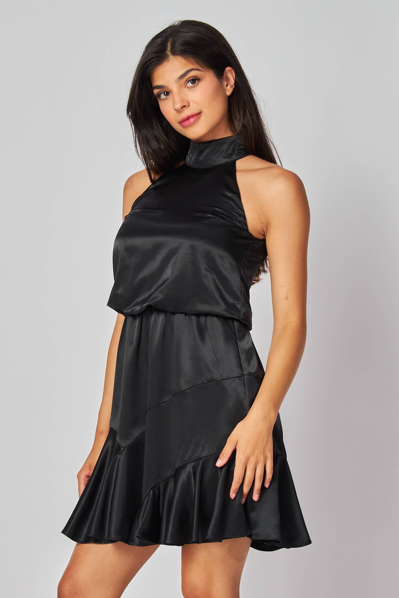 Black Satin Solid Sleeveless Mock Halter Neck Mini Dress Large Black Satin Solid Sleeveless Mock Halter Neck Mini Dress Large