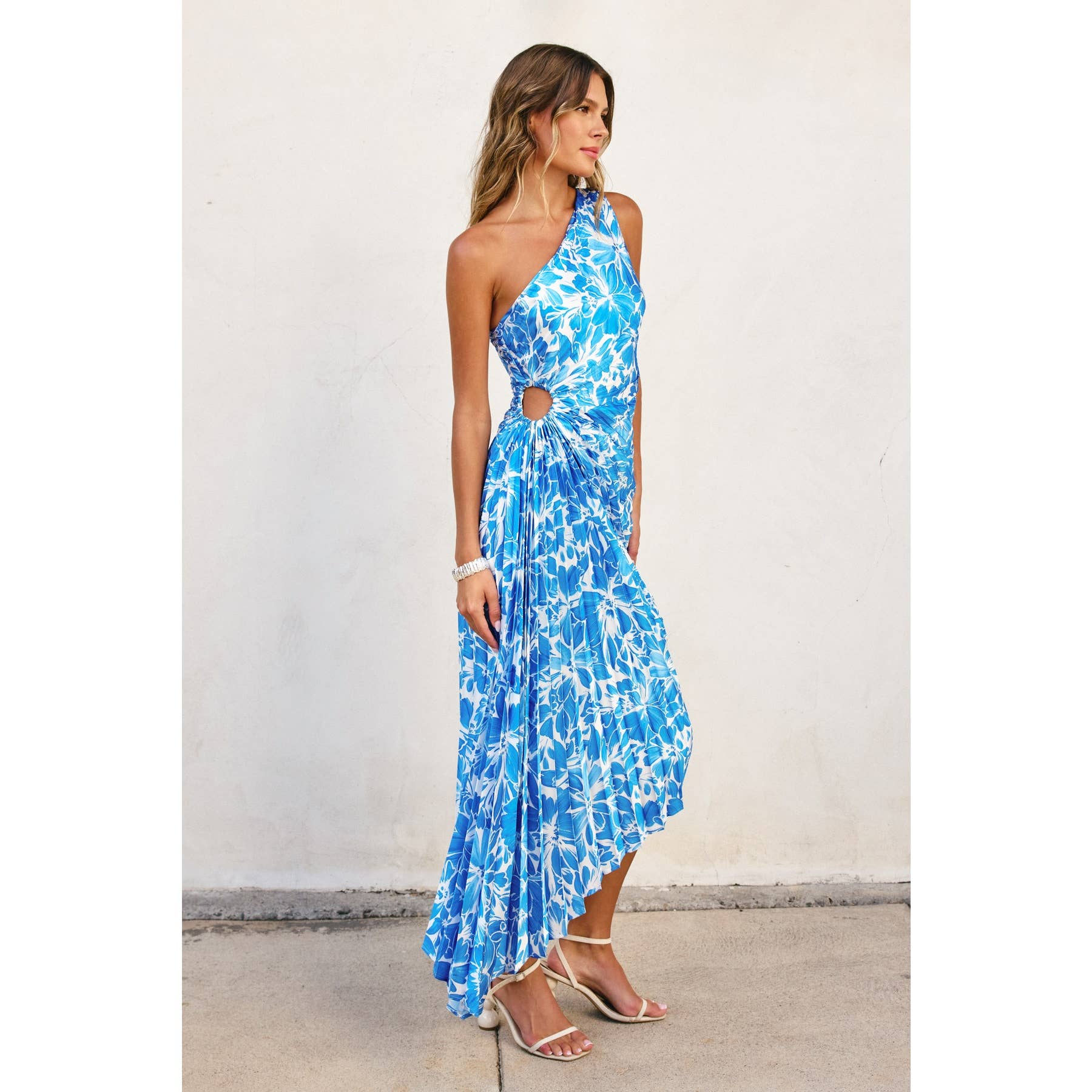Blue Afterglow Floral Asymmetrical Pleated Maxi Dress with Peekaboo Si Blue Afterglow Floral Asymmetrical Pleated Maxi Dress with Peekaboo Si