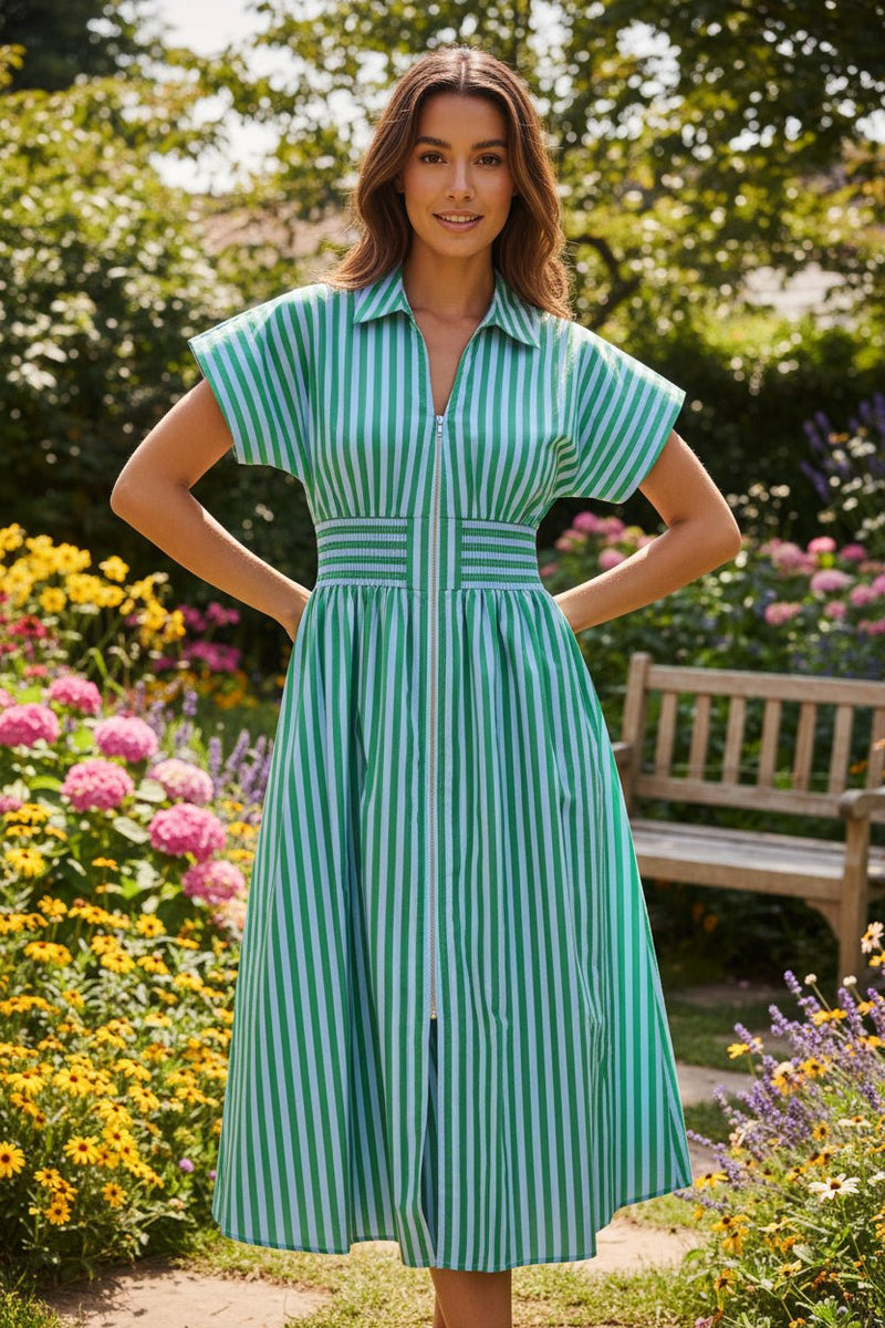 Blue and Green Vertical Striped Collared Front Zipper Short Sleeve Mid