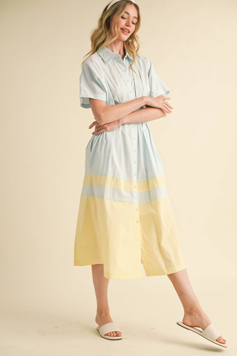 Blue and Yellow Button Down Pleated Waist Color Block Midi Dress Large
