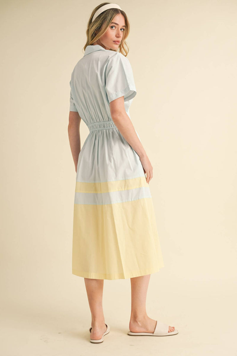 Buy Blue and Yellow Button Down Pleated Waist Color Block Midi Dress Online 