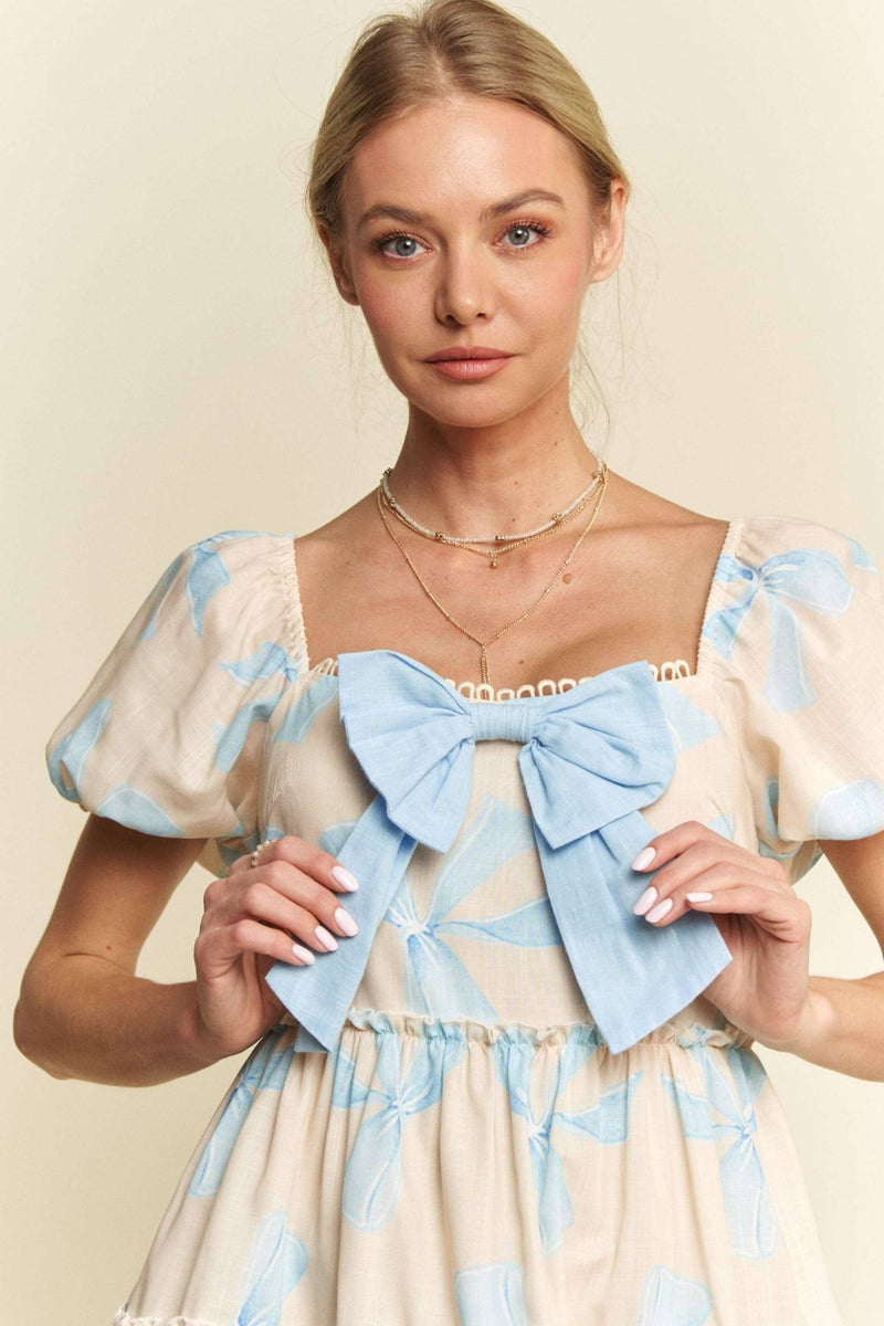 BLUE BOW PRINTED PUFF SMOCKING BACK TIERED DRESS BLUE BOW PRINTED PUFF SMOCKING BACK TIERED DRESS