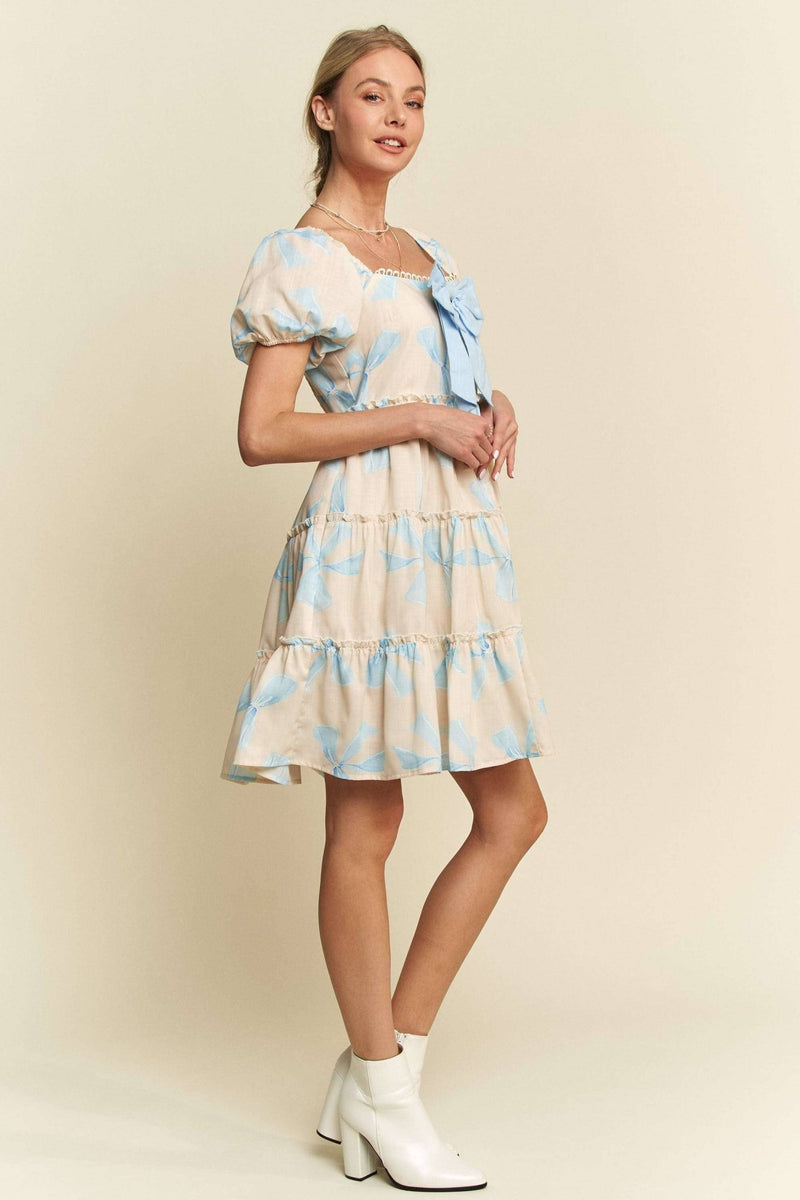 BLUE BOW PRINTED PUFF SMOCKING BACK TIERED DRESS