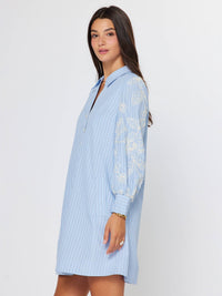 Blue Embroidered Sleeve Striped Shift Dress | Current Air