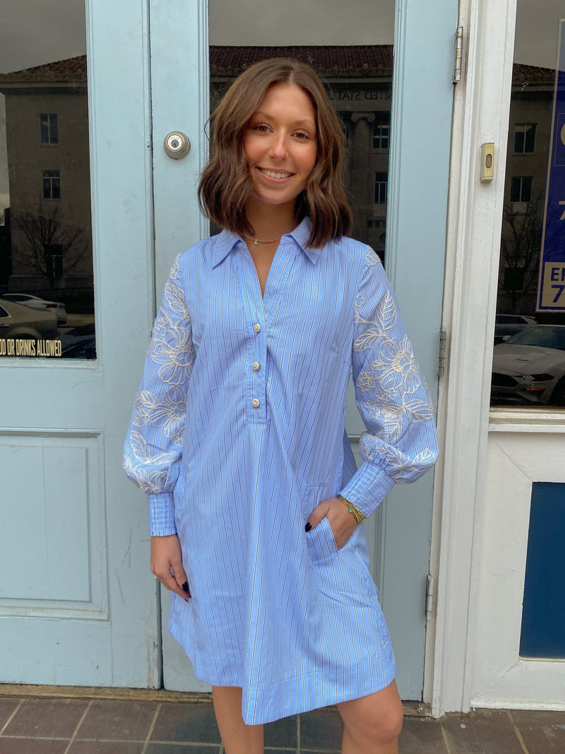 Blue Embroidered Sleeve Striped Shift Dress Small
