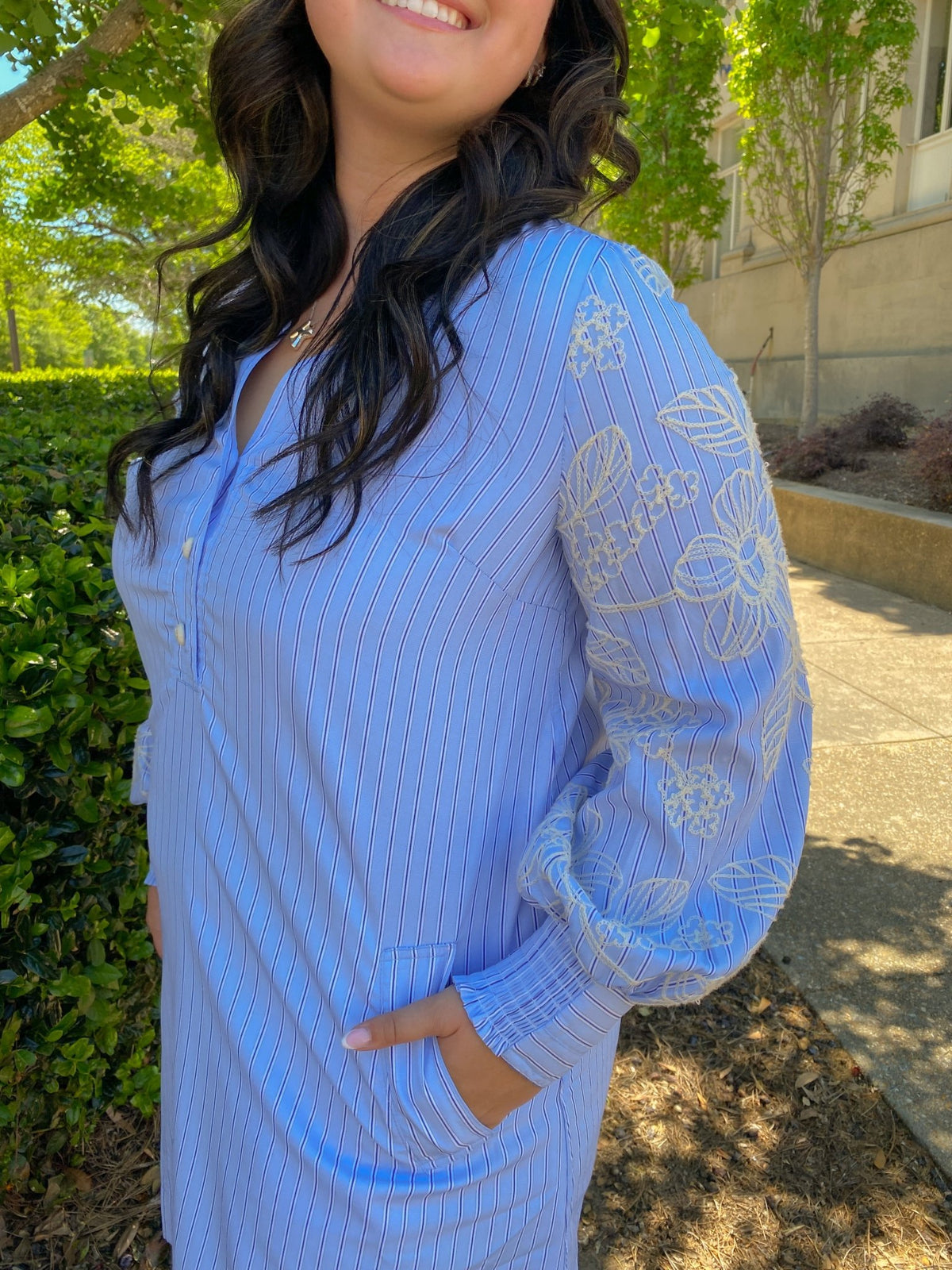 Blue Embroidered Sleeve Striped Shift Dress | Current Air