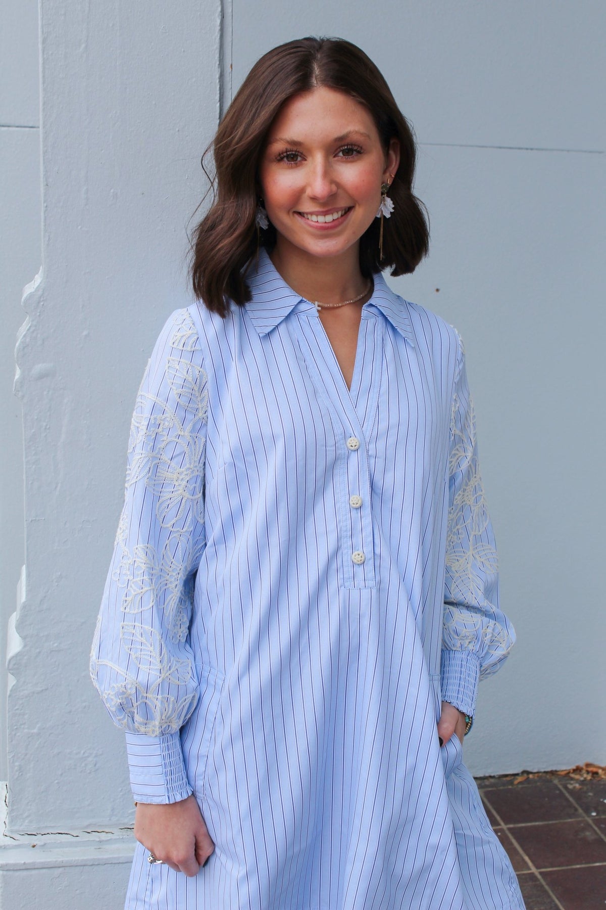 Blue Embroidered Sleeve Striped Shift Dress | Current Air