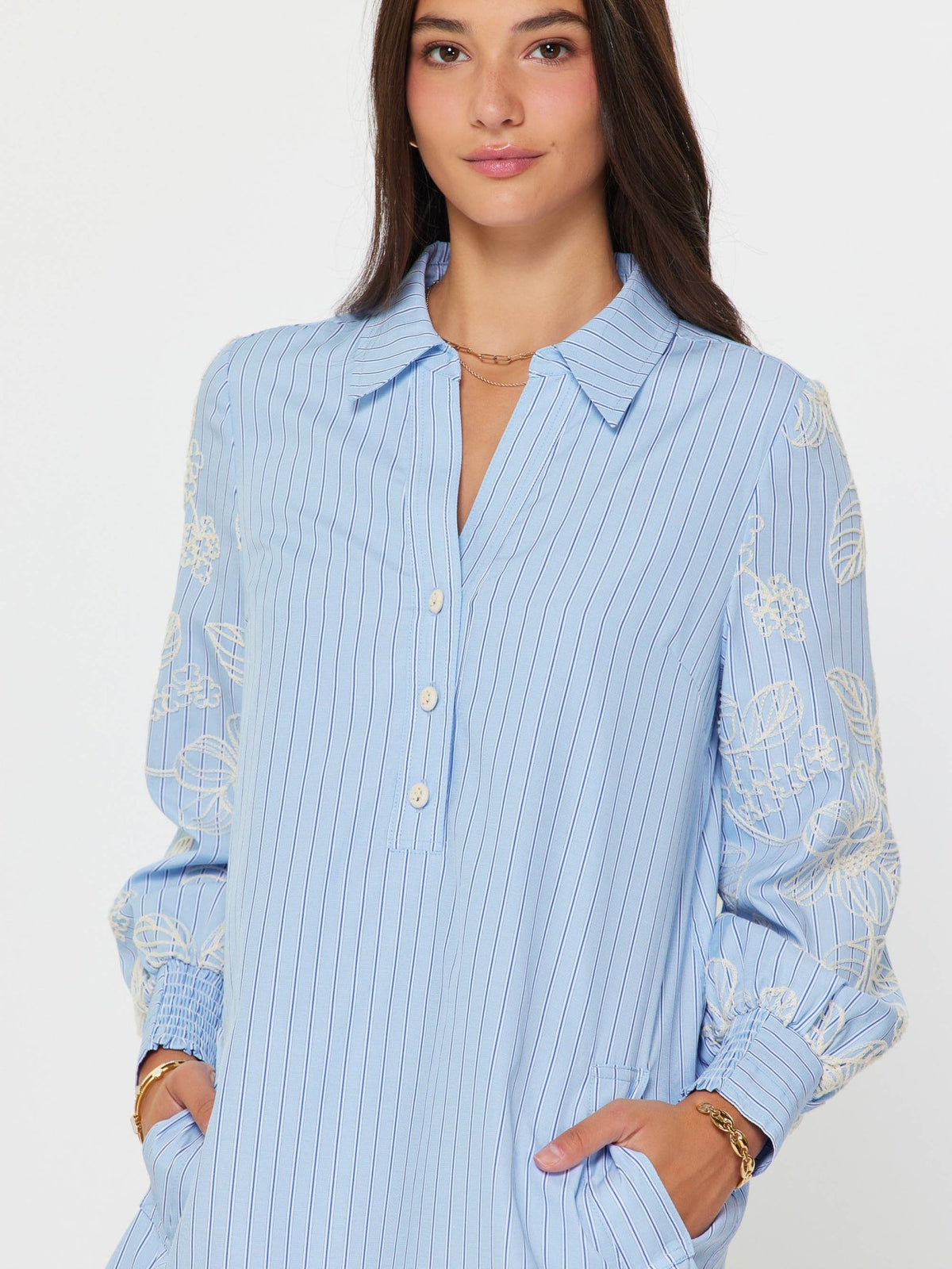 Blue Embroidered Sleeve Striped Shift Dress | Current Air