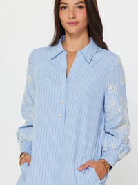 Blue Embroidered Sleeve Striped Shift Dress | Current Air