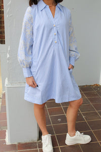 Blue Embroidered Sleeve Striped Shift Dress | Current Air