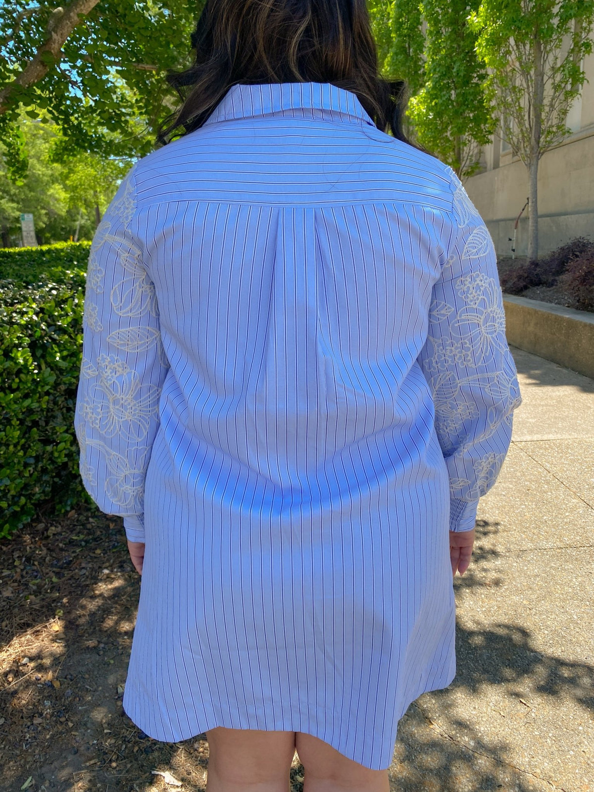 Blue Embroidered Sleeve Striped Shift Dress | Current Air