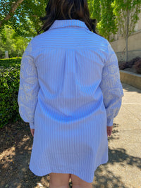 Blue Embroidered Sleeve Striped Shift Dress | Current Air