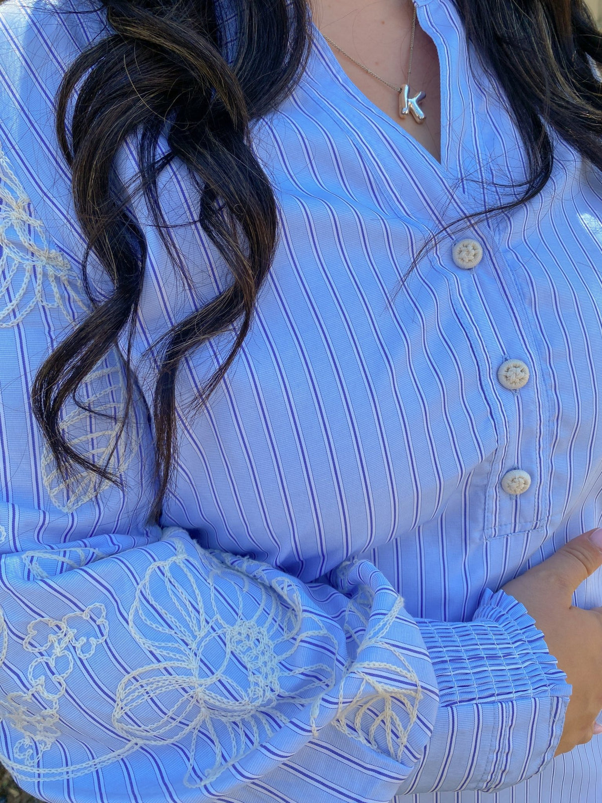 Blue Embroidered Sleeve Striped Shift Dress | Current Air