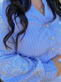 Blue Embroidered Sleeve Striped Shift Dress | Current Air
